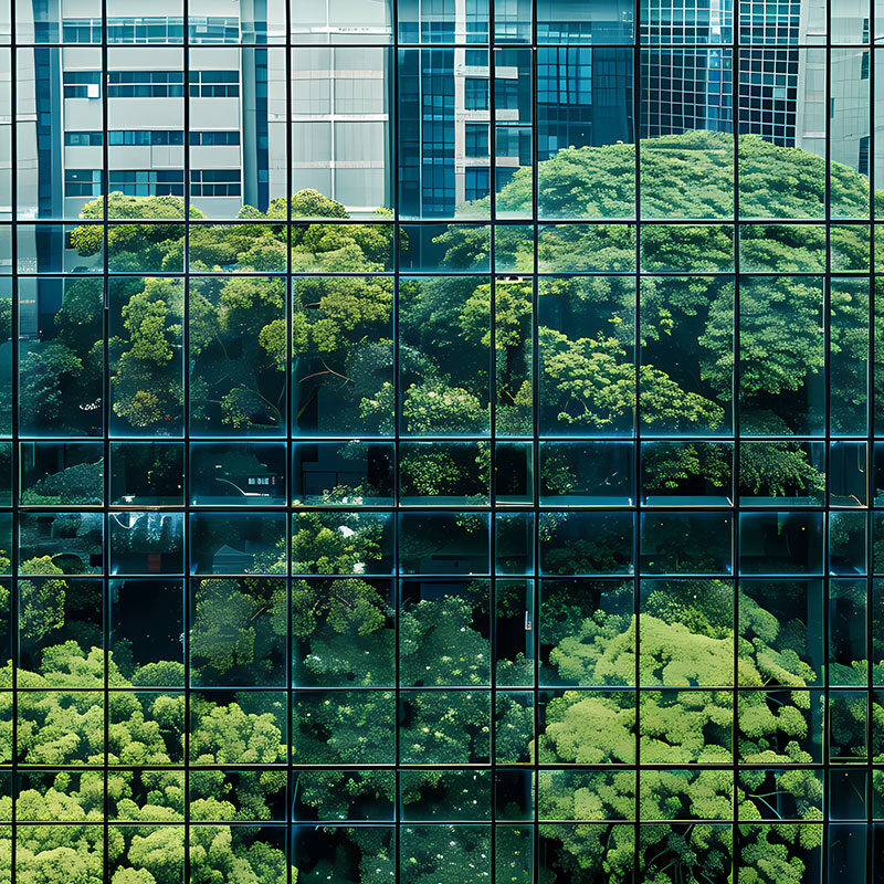 Urban Building with a reflection of trees