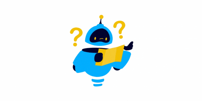 RPA bot following directions from a piece of paper. Question marks wiggle next to his head.